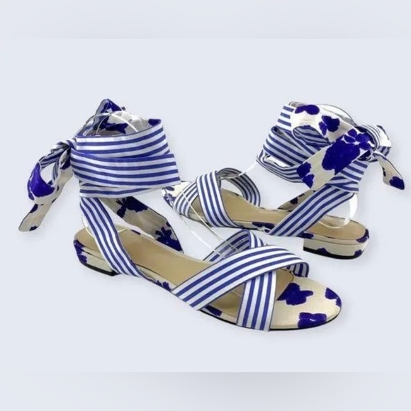 NWOT CABI blue and white watercolor floral and stripe tied up sandal size 9.5 - Picture 2 of 7